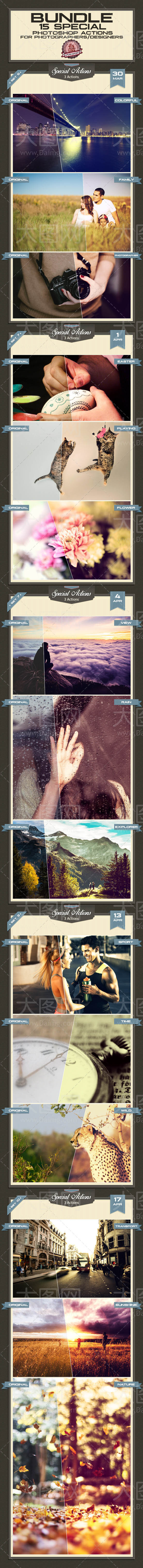 款 数码照片 后期 唯美 艺术 效果 ps 动作 ps动作 ps素材 special actions bundle ii 照片处理 人像处理 调色动作 艺术效果 后期调色 梦幻效果 蓝色效果 秋季效果 暖黄效果 柔美肤色 甜美肤色 复古效果 夕阳色调 柔美蓝色调 青冷效果 复古黄色调 柔黄肤色 秋季黄色调 黑色