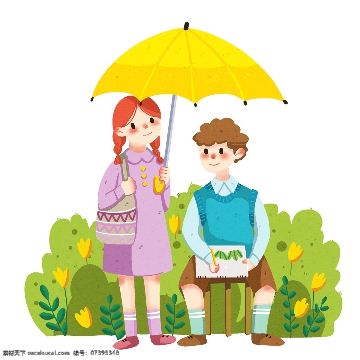 手绘 春分 避雨 插画 黄色的雨伞 黄色的花朵 卡通插画 美丽的景色 手绘春分插画 避雨的孩子
