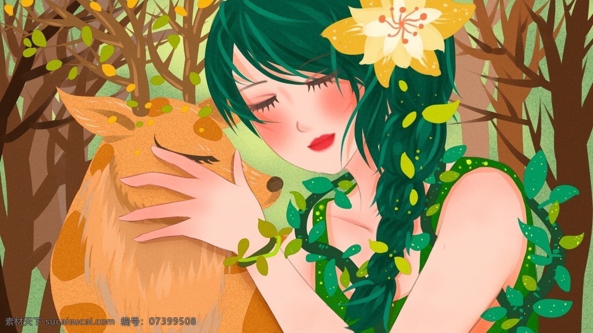 森林 公主 抱 鹿 麻花 辫 少女 清新 插画 树林 唯美 绿色 黄色 森林公主 鹿角 树枝 拥抱 麻花辫