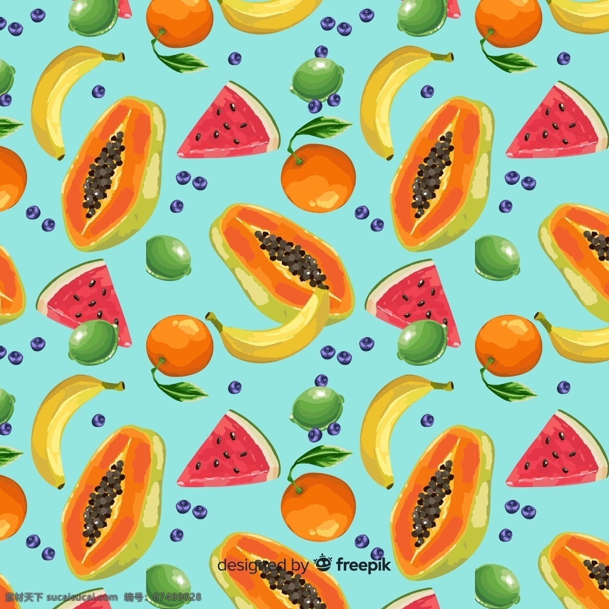 热带水果 无缝 背景图片 蓝莓 香蕉 橙子 西瓜 木瓜 青柠 矢量 高清图片