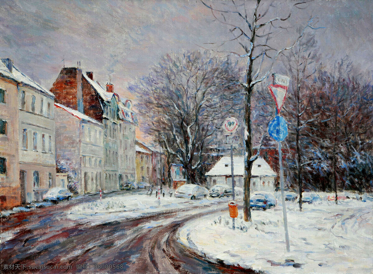 白雪 车辆 城市 风景画 绘画书法 街景 楼房 马路 波恩的冬天 美术 油画 树木 人物 油画艺术 油画作品43 文化艺术 家居装饰素材