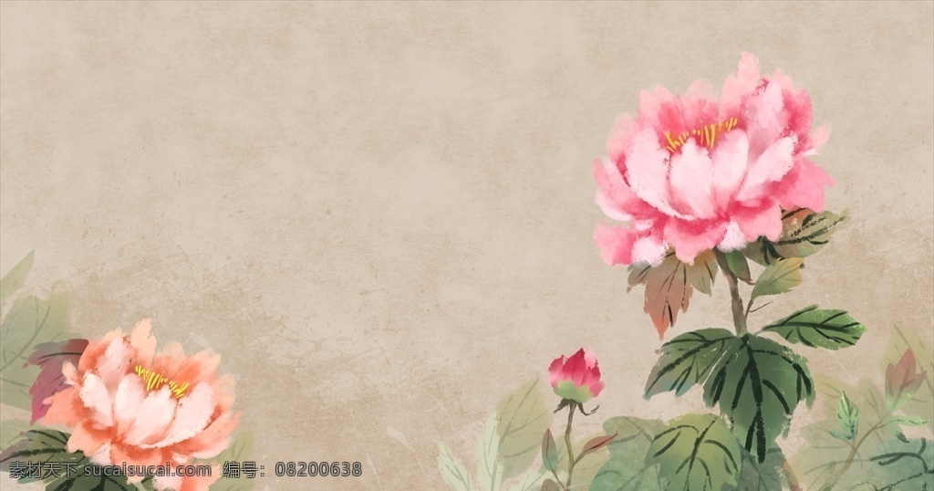 牡丹水墨插画 山水 古风 水墨 传统 插画 背景 古风背景 牡丹 花 水墨插画 分层