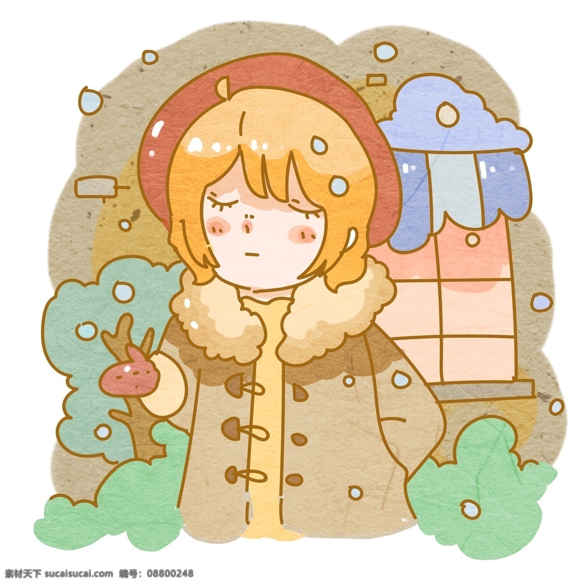 冬天 棉衣 少女 插画风 温柔可爱 清新配色 糖果色系 青春 卡通手绘 唯美 可爱少年少女 可爱插画风