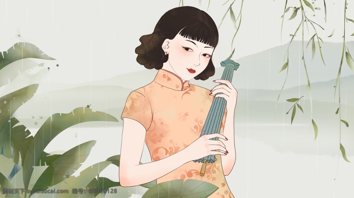 复古 民国 风 旗袍 美女 插画 伞 民国风 烟雨 远山 芭蕉 柳条 国代 工笔 水墨 年代感