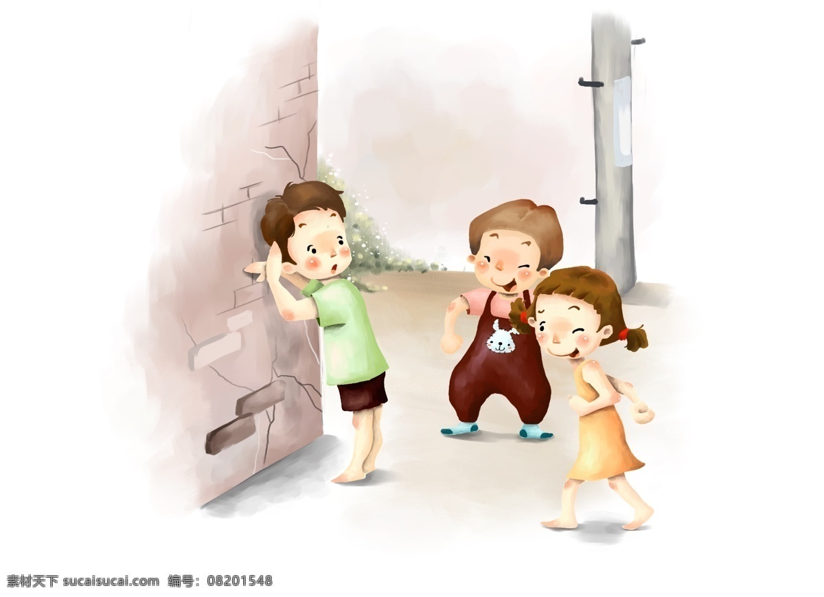 三个 小孩 psd素材 插画 儿童 可爱 快乐 男孩 女孩 插画集