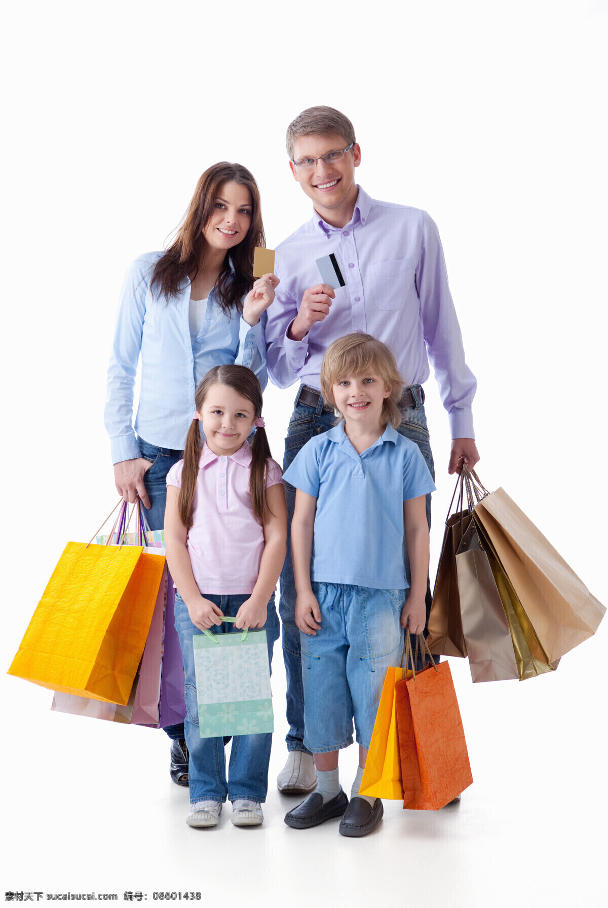 购物 一家人 家庭 购物袋 手提袋 一家四口 刷卡 刷卡消费 开心 高兴 幸福 生活人物 人物图片
