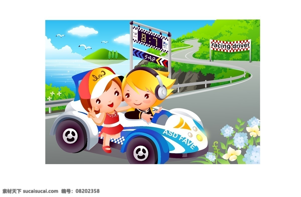 儿童 赛车运动 矢量 运动 赛车 海鸥 白云 公路赛道 花 卡通 插画 矢量人物 儿童幼儿 矢量图库