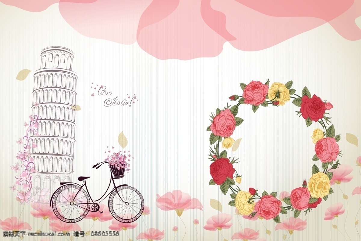 温馨花朵背景 温馨背景 花朵背景 花朵 粉色花朵 分层 背景素材 花环 自行车 白色