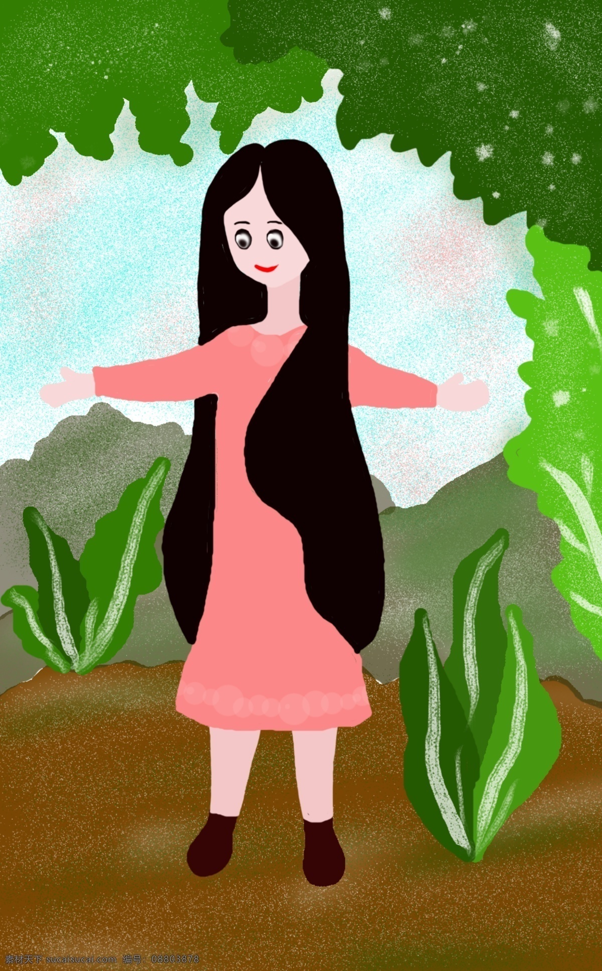 原创 插画 女孩 绿色 插画女孩儿 郊游的女孩儿 清新插画 简笔画 女孩儿与树