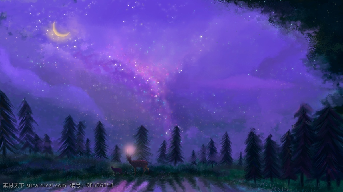 夜晚 中 树林 梦幻 般 星空 梦幻星空 壁纸 插画 鹿 晚安 星河