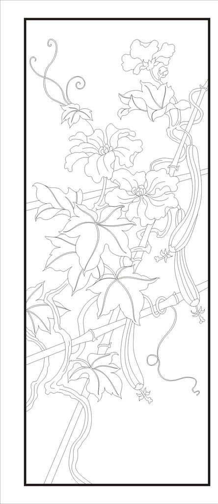 菜园里的丝瓜 丝瓜 菜园 菜瓜架 丝瓜园 丝瓜瓜开花 丝瓜藤 蔬菜 静物画 家居隔断 移门装饰 雕刻花纹 矢量玄关 屏风 文化艺术 绘画书法