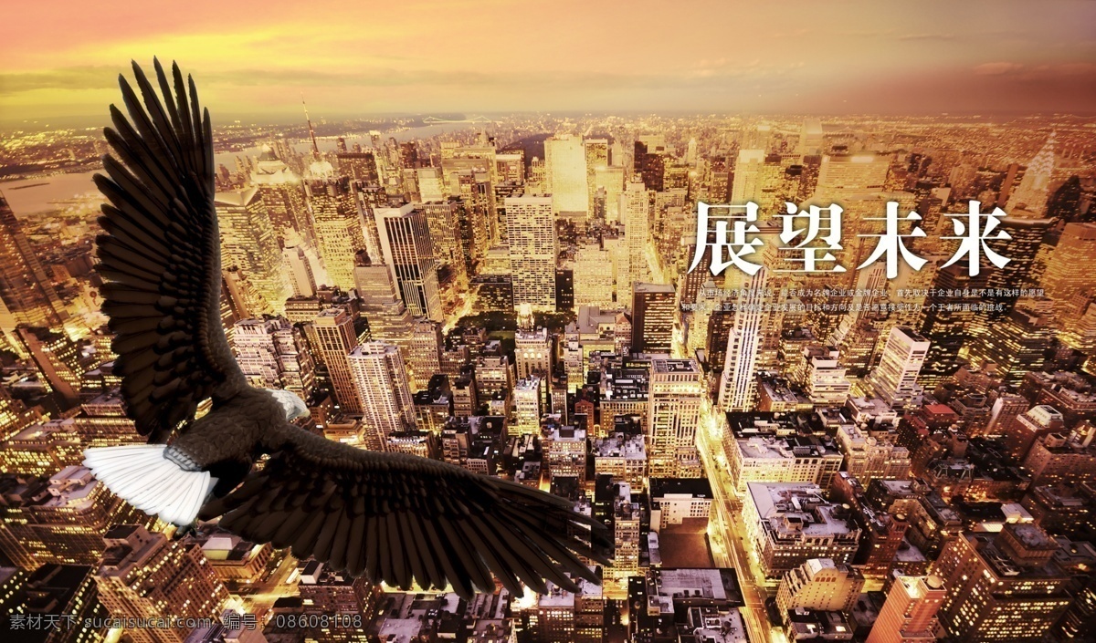 展望未来 雄鹰 城市 未来 天空 楼房 彩霞 广告设计模板 源文件