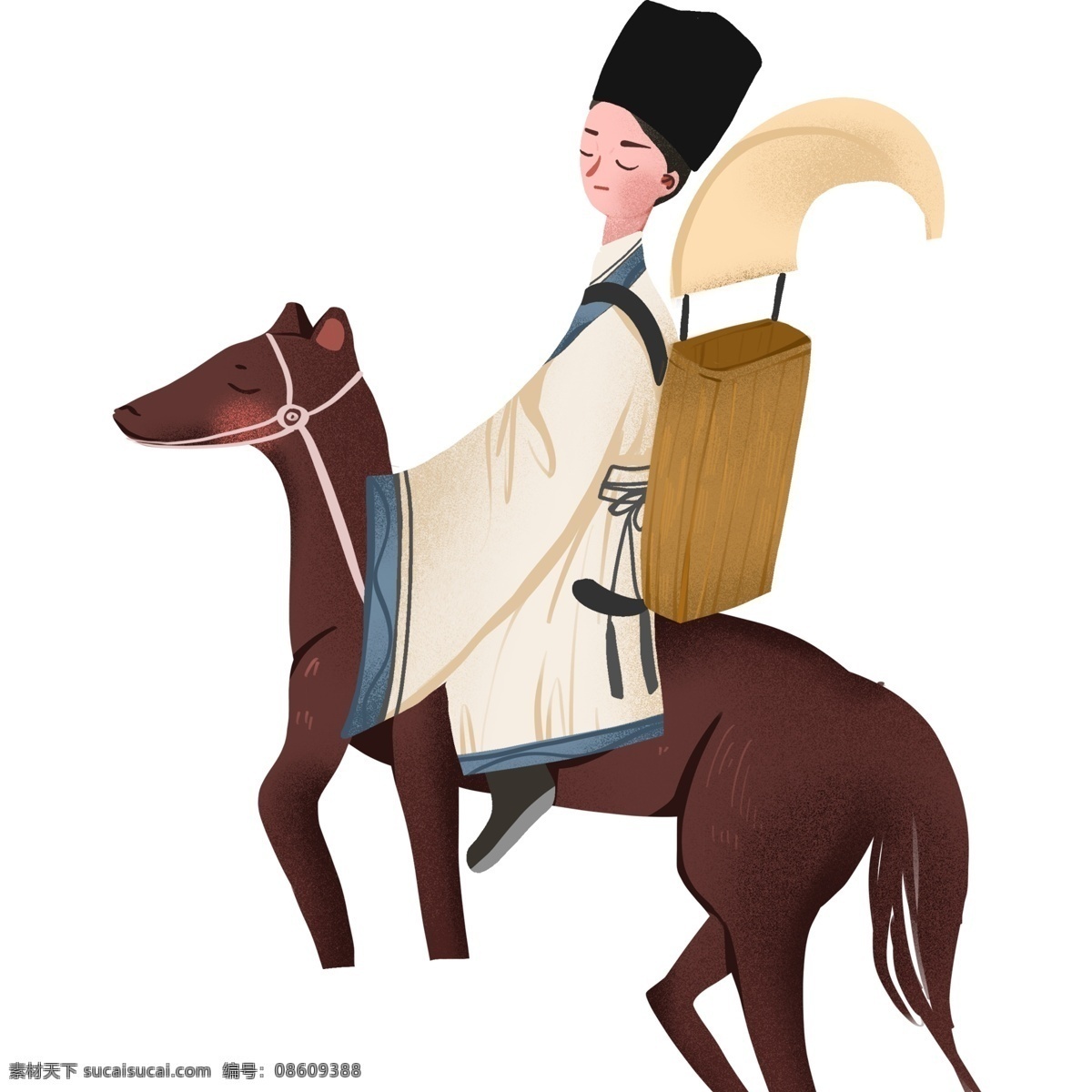 手绘 骑 马 古代 书生 卡通 插画 人物 骑马