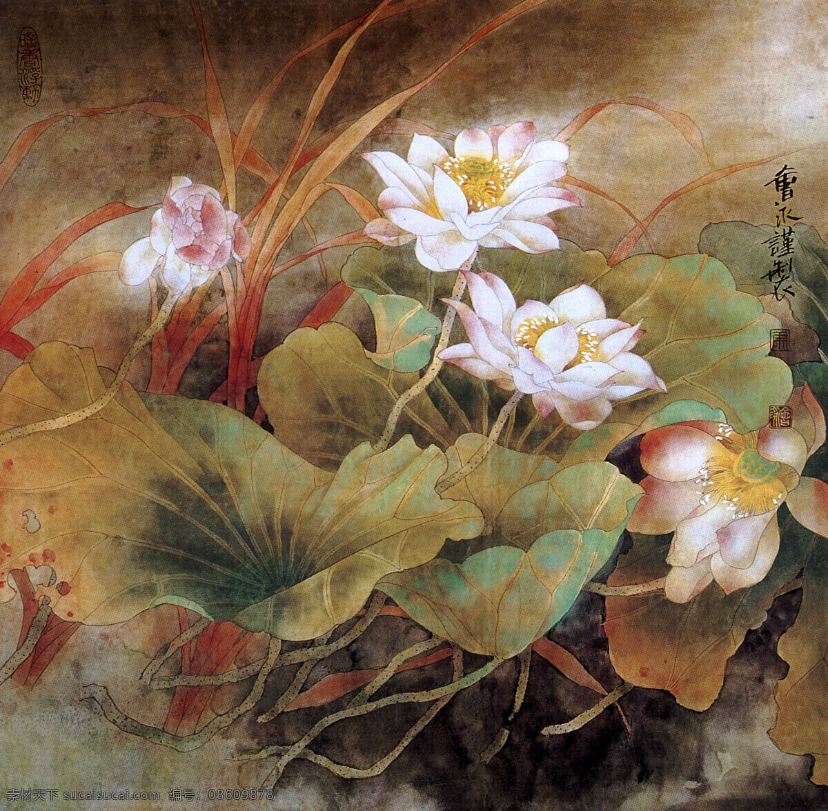 丽影 美术 中国画 工笔重彩画 花鸟画 荷花画 荷花 红荷 盛放 国画艺术 国画集65 绘画书法 文化艺术