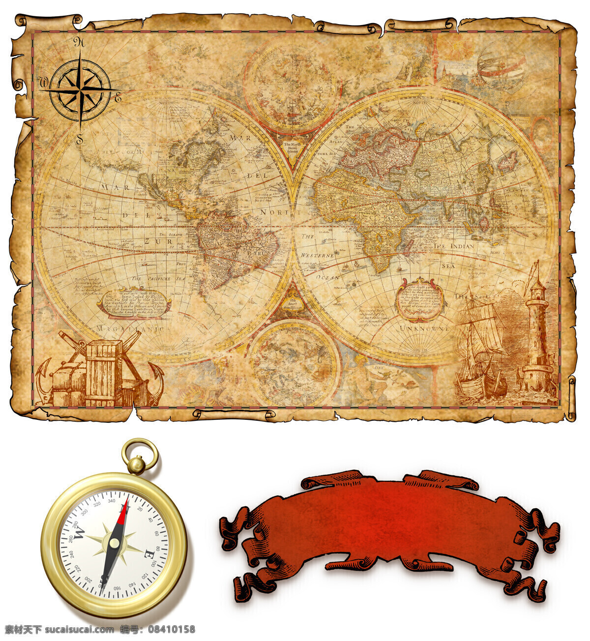 怀旧 探险 航海 用品 古典 指南针 航海图 丝带 怀旧生活用品 生活素材 生活百科