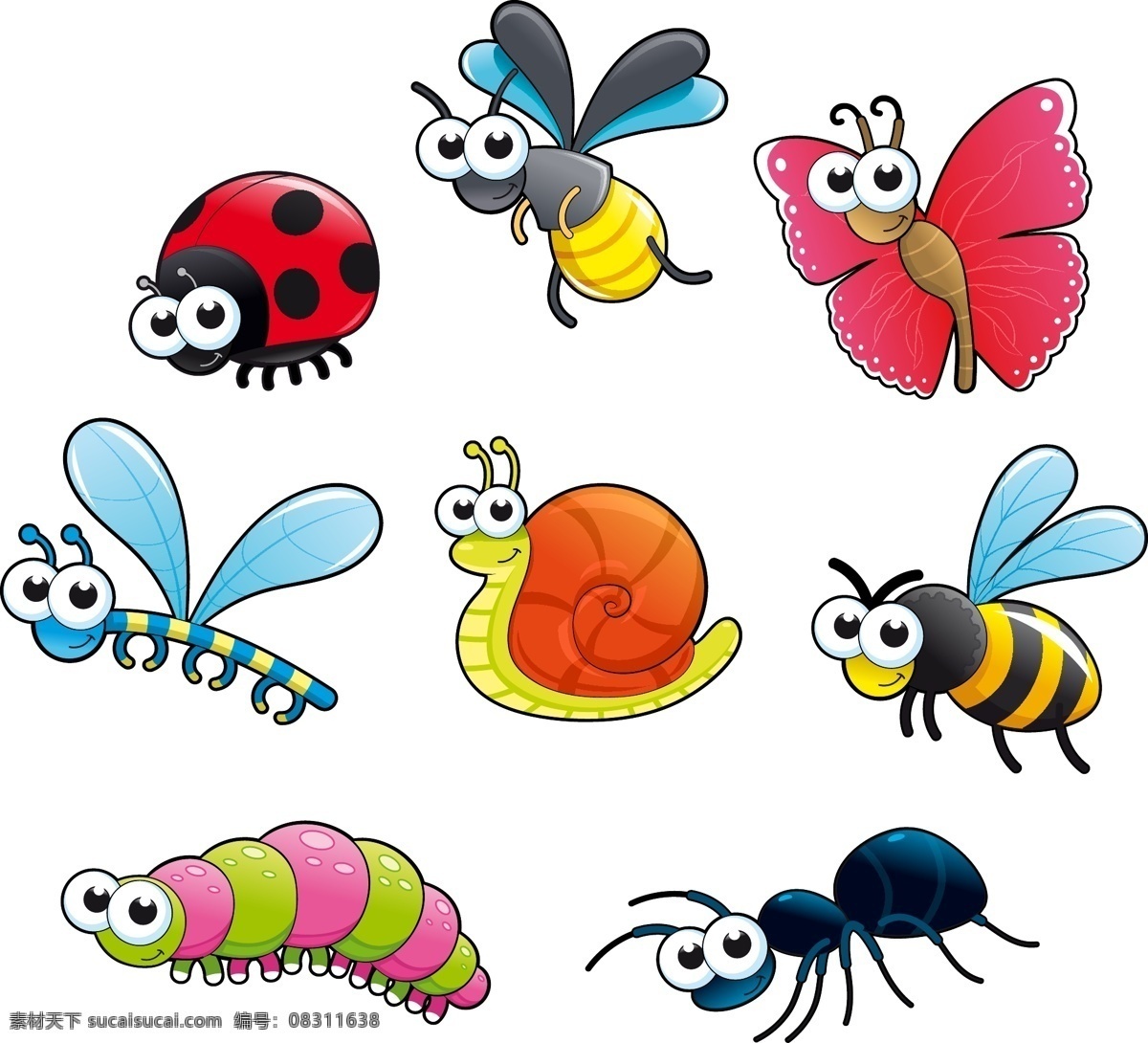 彩色 可爱 卡通 春天 动物 蝴蝶 春季 瓢虫 蜻蜓 蜗牛 蚂蚁 毛毛虫 蜜蜂