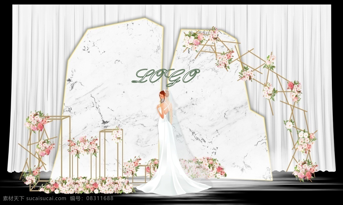 大理石 简约 现代 婚礼 工装 效果图 粉金 异形kt 方柱 铁艺 架构