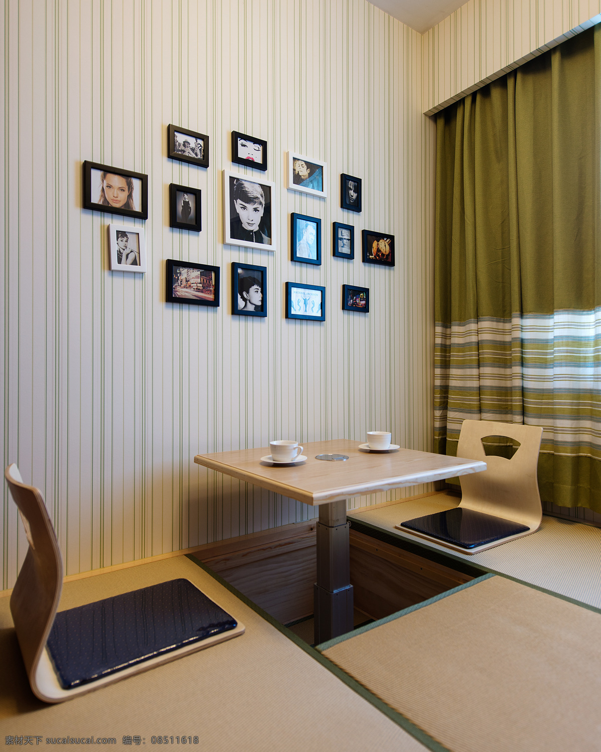 日式 创意 简约 风格 餐厅 餐桌 装修 效果图 简约风格 照片墙 格子窗帘 高清大图