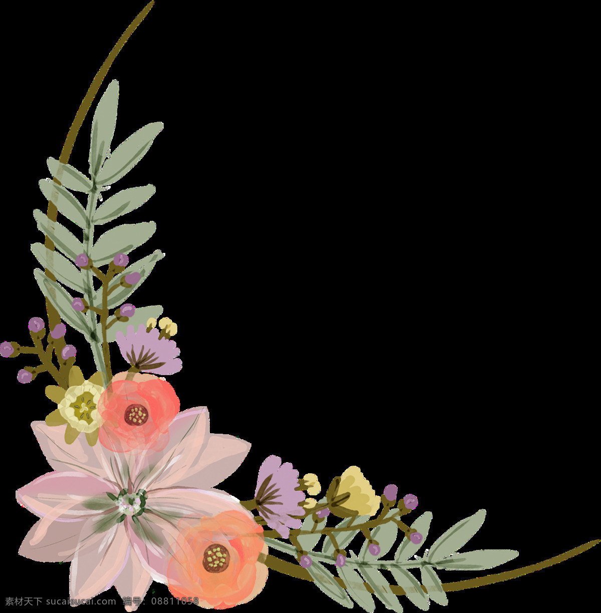 手绘 美丽 鲜花 边角 透明 漂亮 花朵 植物 搭配 粉红色 透明素材 免扣素材 装饰图片