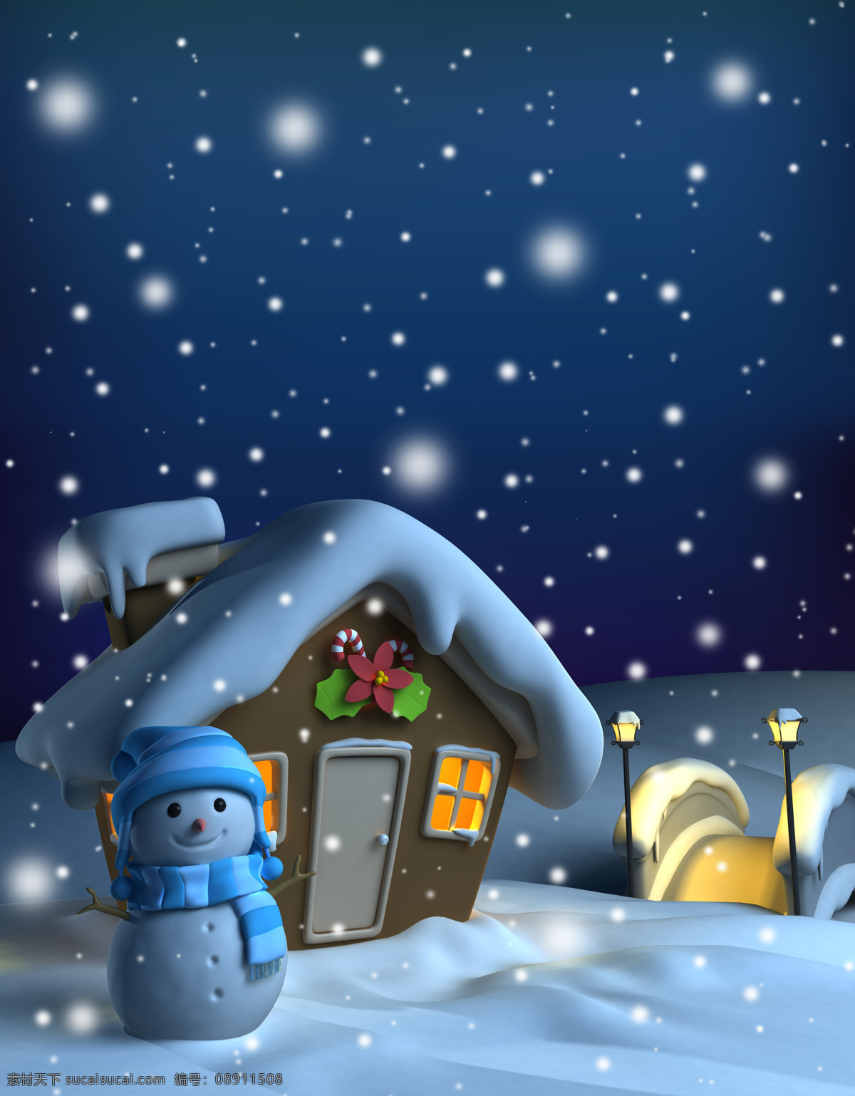 雪地 上 雪人 房屋 卡通画 白雪 路灯 雪景 圣诞节 节日庆典 生活百科 蓝色