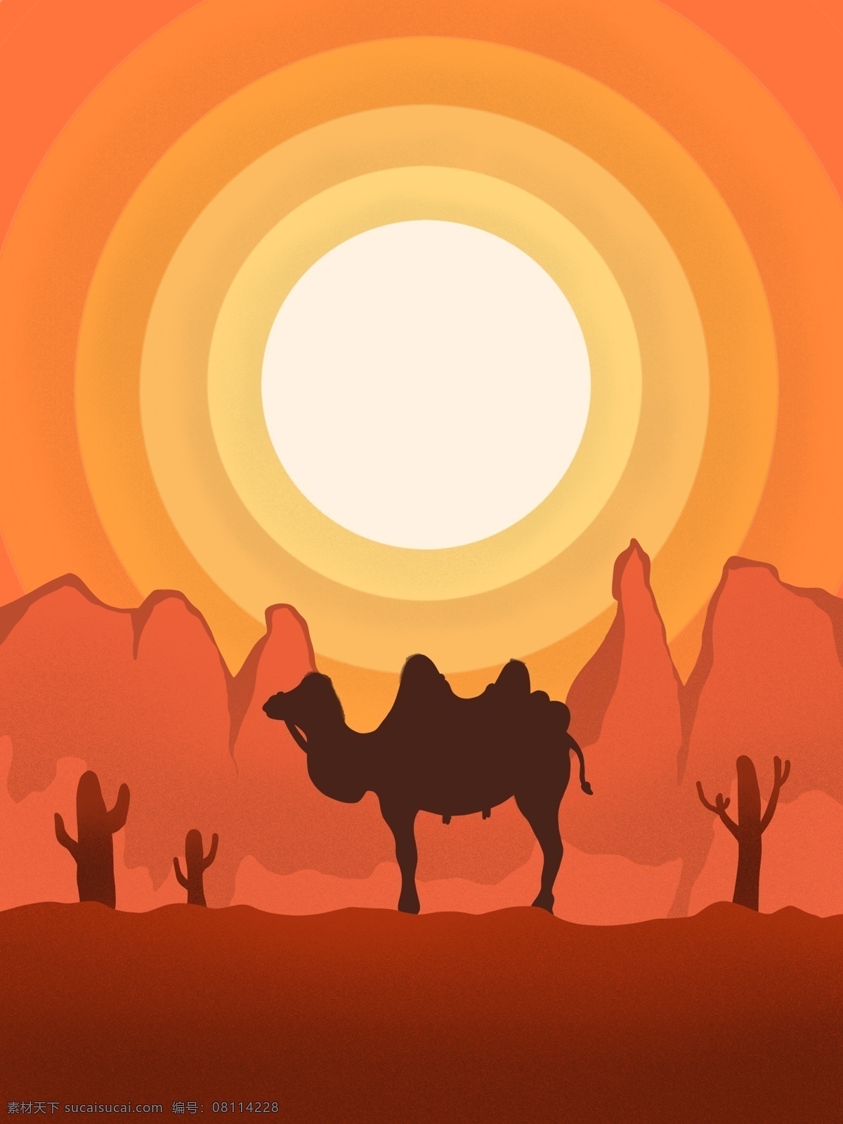 沙漠 骆驼 手绘 插画 沙漠骆驼 骆驼剪影 沙漠层叠 沙堆 沙丘 层次沙丘 落日余晖 落日 丝绸之路 企业文化背景 沙漠背景 沙漠场景 沙漠插画 ps插画 动漫动画