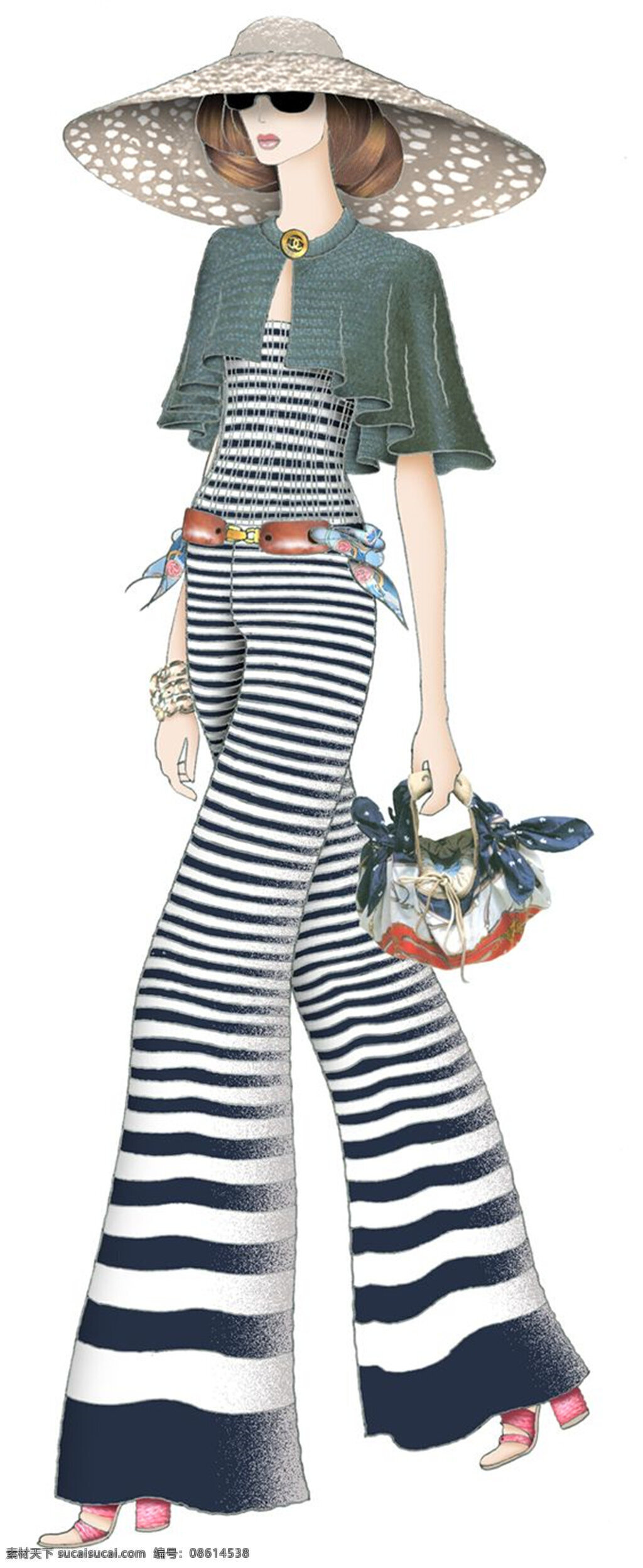 时尚 度假 风 条纹 衣裤 女装 效果图 服装设计 服装效果图 连衣裤 帽子