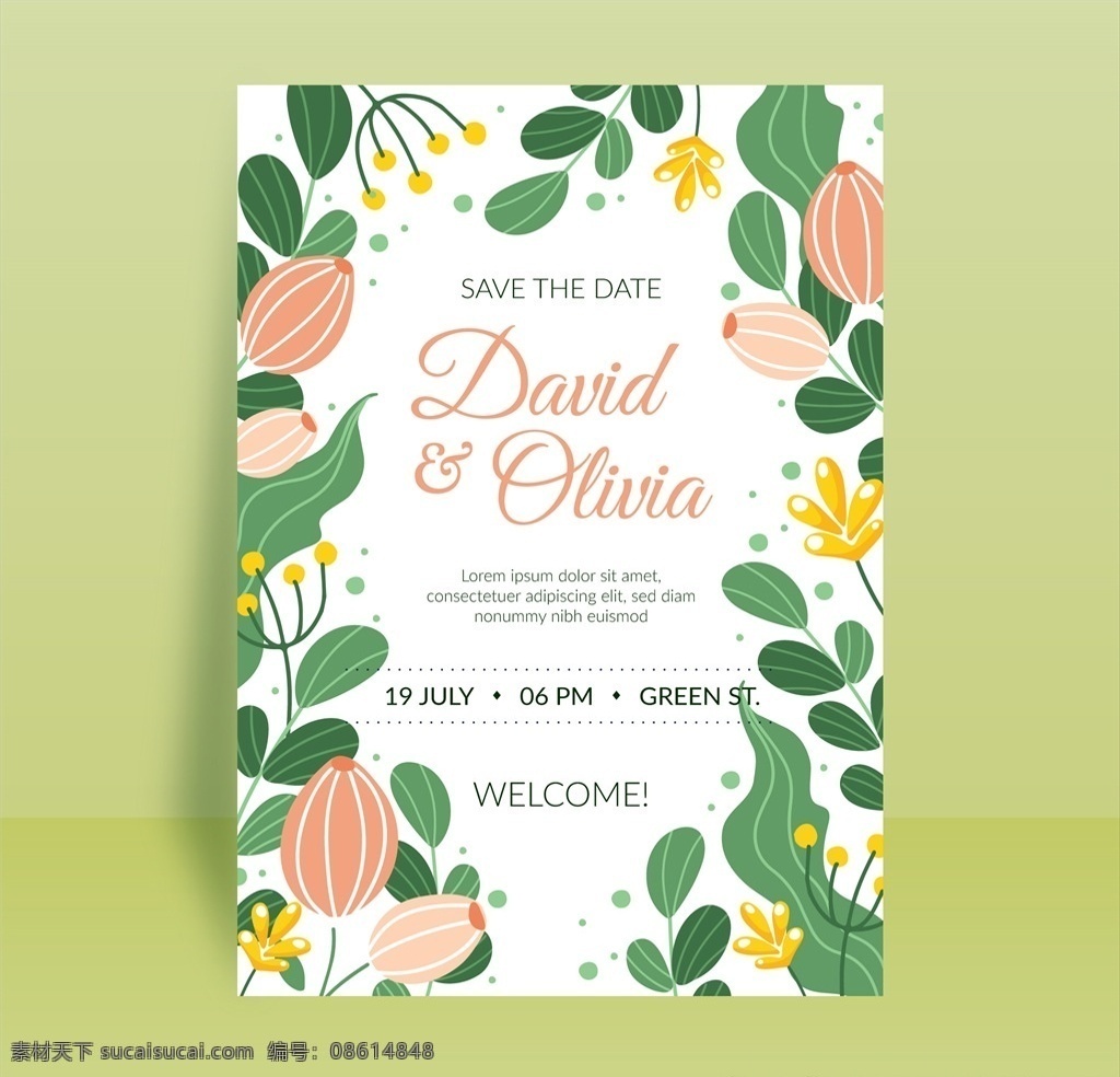 清新 自然 植物 花卉 背景 底纹 海报 植物花卉 邀请函 手绘 绿色 婚庆 婚礼 请柬 海报模板 名片卡片
