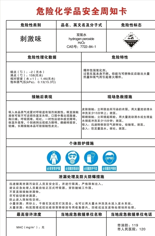 双氧水周知卡 危险化学品 安全 周知卡 矢量