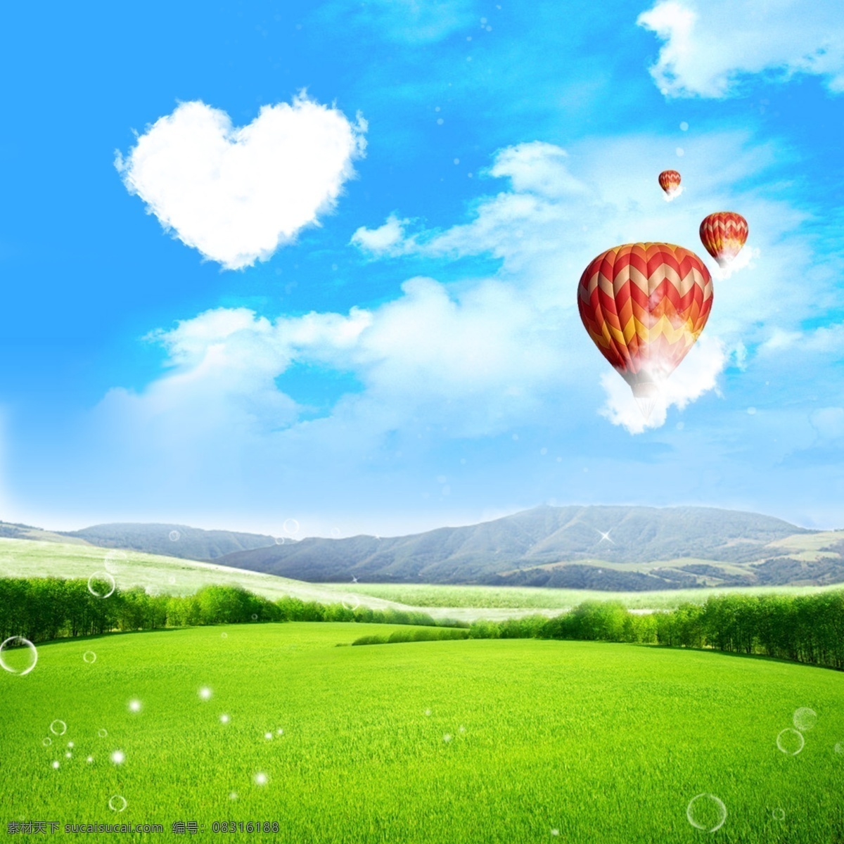 天空草地 爱心 云 天空 草地 气球 热气球 泡泡 背景 主图 绿色