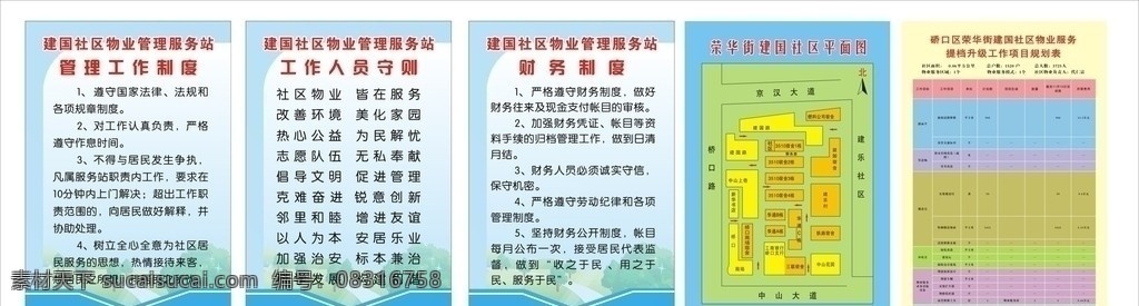 社区 物业管理 制度 物业 平面图 提档升级 管理工作制度 财务 工作人员守则 蓝背 规划表 展板 展板模板 矢量