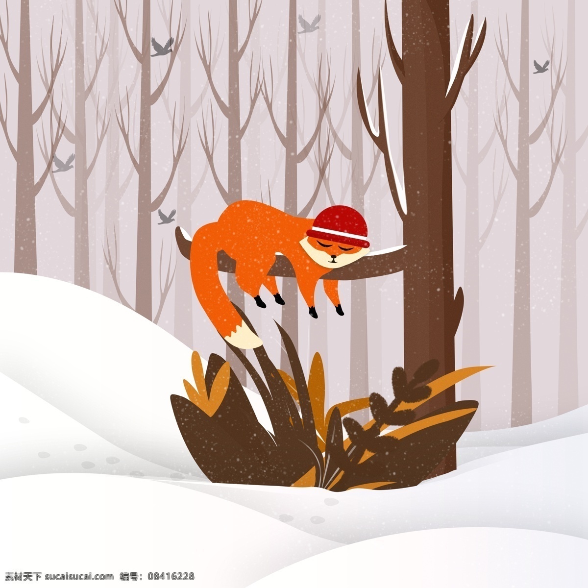 冬季 可爱 卡通 瞌睡 狐狸 元素 卡通狐狸 动物 冬季元素 睡觉的狐狸 冬眠
