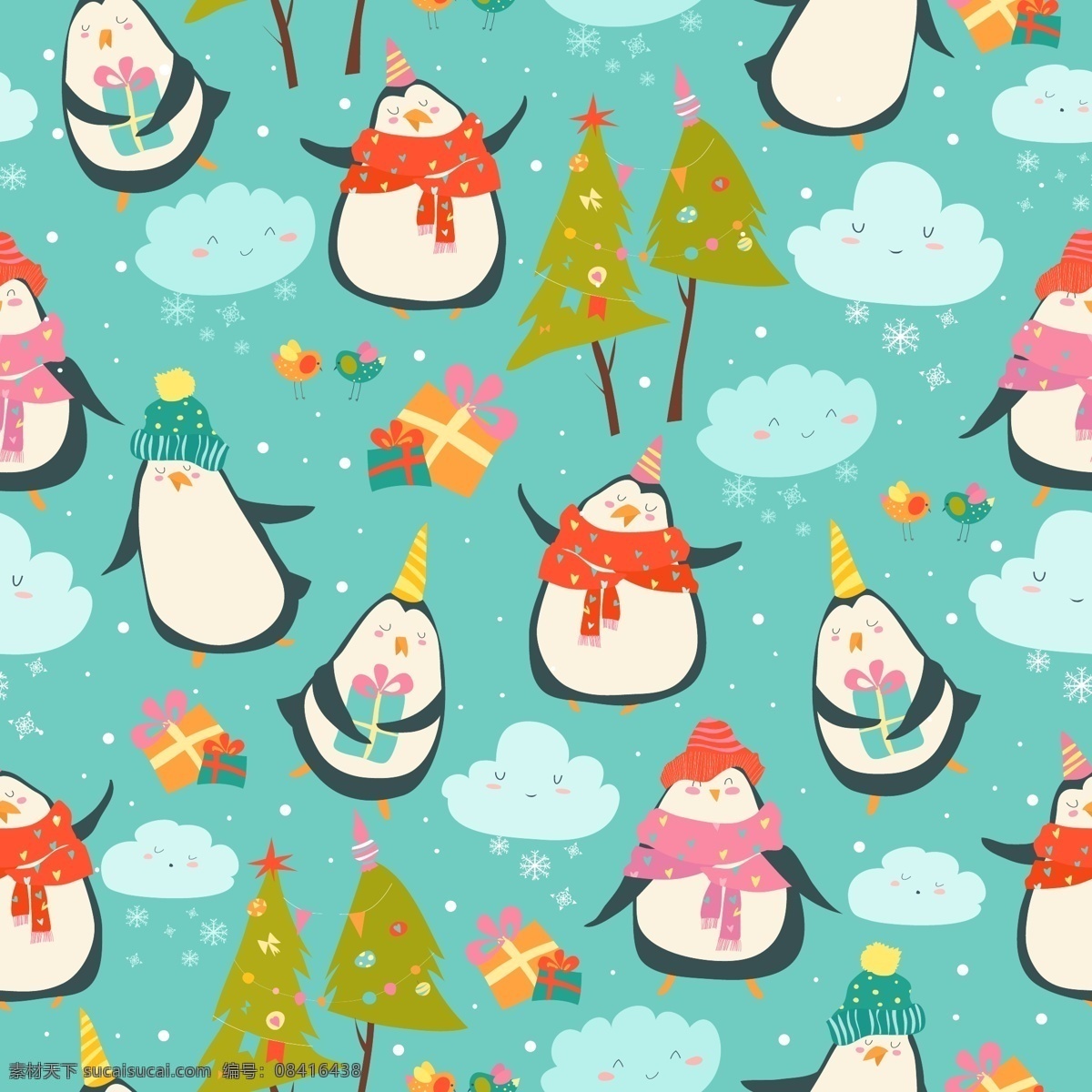 卡通 企鹅 元素 背景 卡通素材 背景素材 圣诞树 白云 矢量插图 企鹅元素