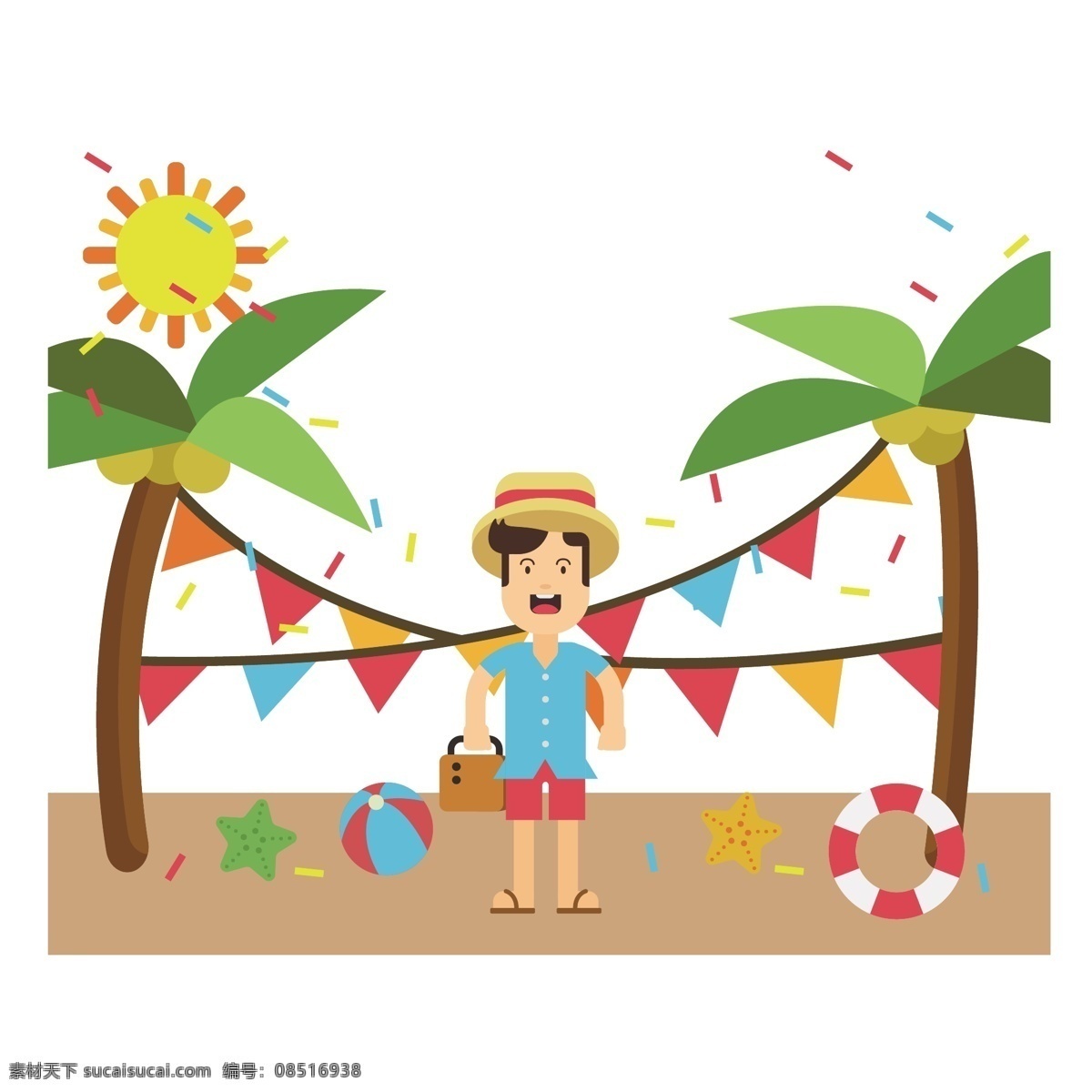 hello 夏天 矢量 夏日 夏日旅行 旅行 旅行的男人 旅行男人 太阳 椰树 环游