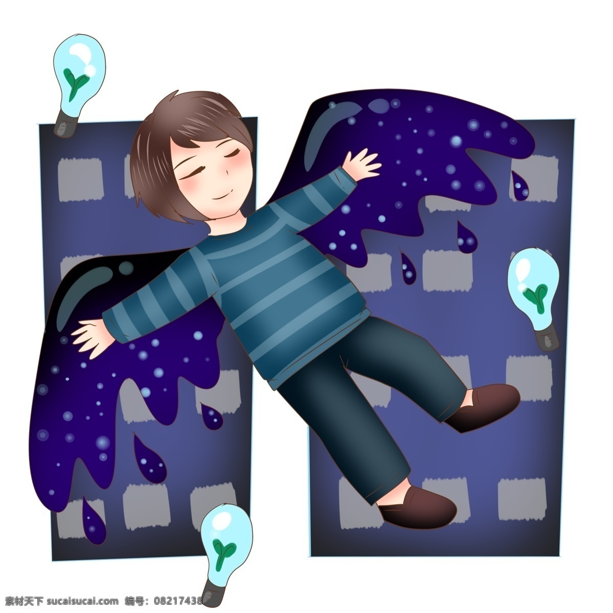 地球 小时 熄灯 插画 熄灯的男孩 卡通插画 爱护地球 保护地球 地球一小时 地球环保 蓝色的灯泡