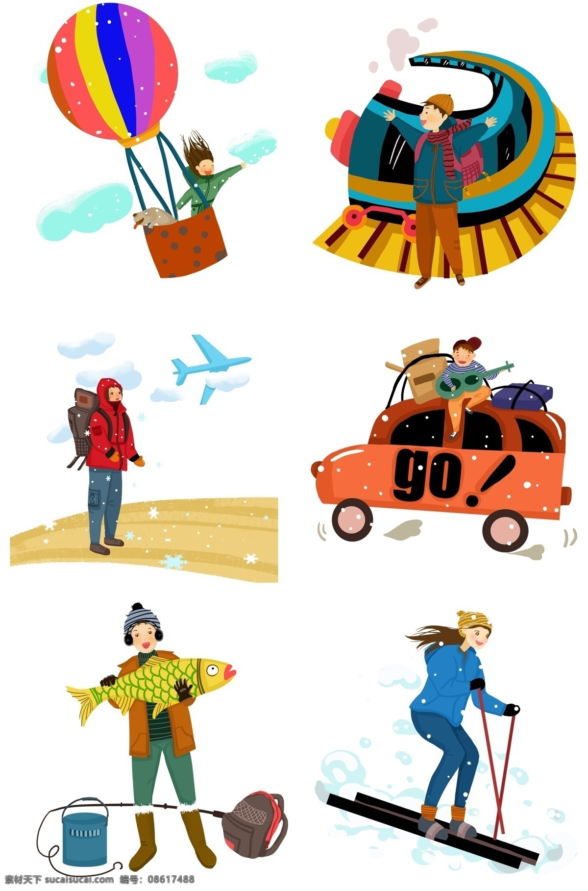 冬季 旅行 合集 插画 坐火车旅行 坐飞机旅行 卡通插画 开心的孩子 开汽车旅行 手绘旅行插画