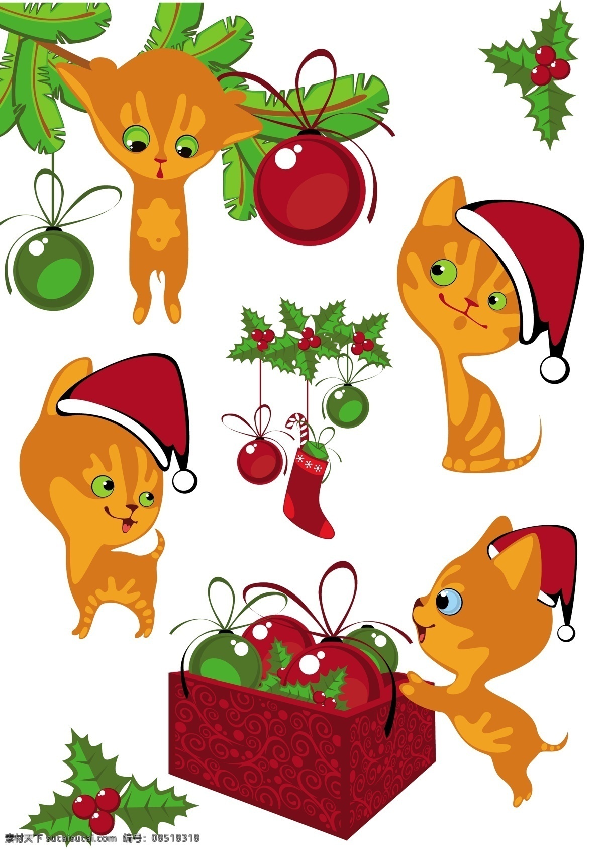 圣诞 装扮 卡通 宠物 猫 矢量 吊球 红果 绿叶 圣诞节卡通 圣诞帽 圣诞袜 圣诞装扮 卡通宠物猫 节日素材 其他节日