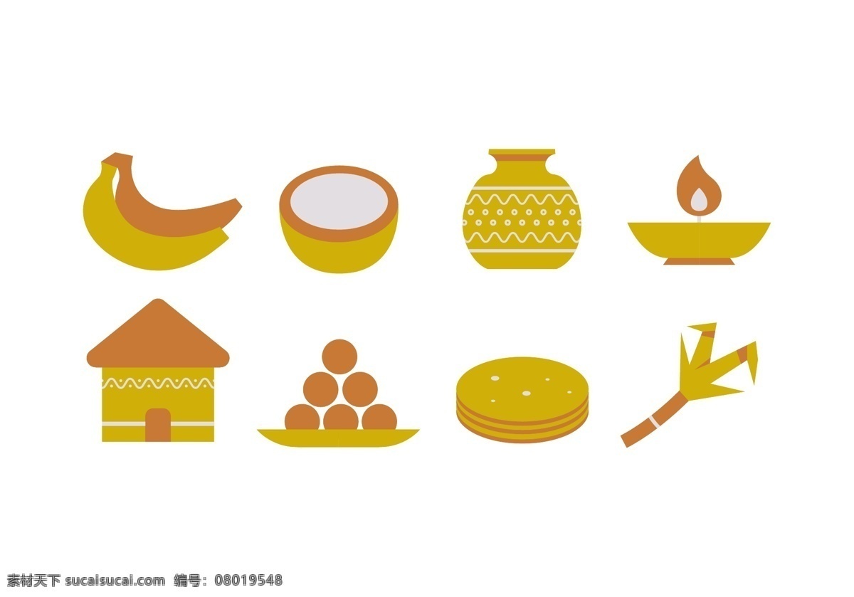 扁平化 传统节日 图标素材 节日图标 图标 香蕉 屋子 蜡烛 火焰 椰子 花瓶 罐子 食物 美食 手绘食物 矢量素材 美食插画 扁平化食物