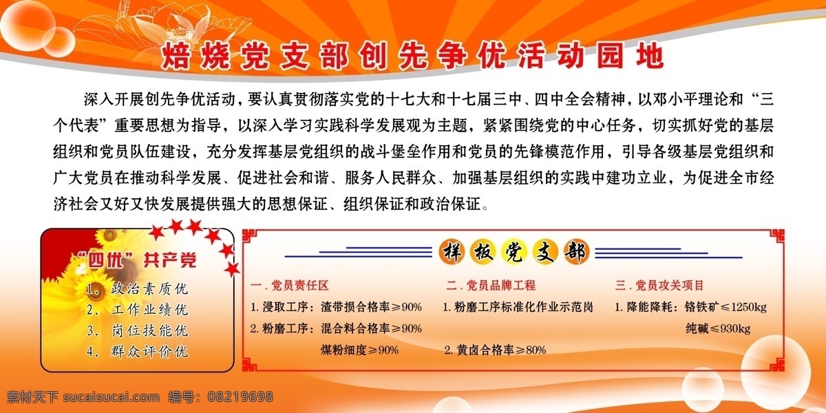 创先争优 创先 争 优 活动 展板 党支部 广告设计模板 桔色背景 向日葵 源文件 展板模板 活动园地 四优共产党 党的十七大 其他展板设计
