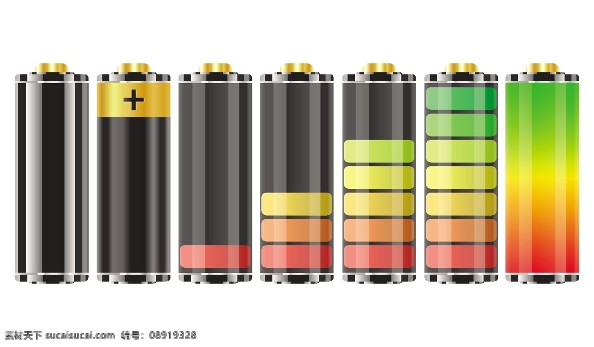 排列 彩色 电池 矢量 蓄电池 干电池 充电 电源 电量 电力 能源 动力 符号 标志 图形 图标 充电指示 彩色电池 电池设计 文化艺术 绘画书法