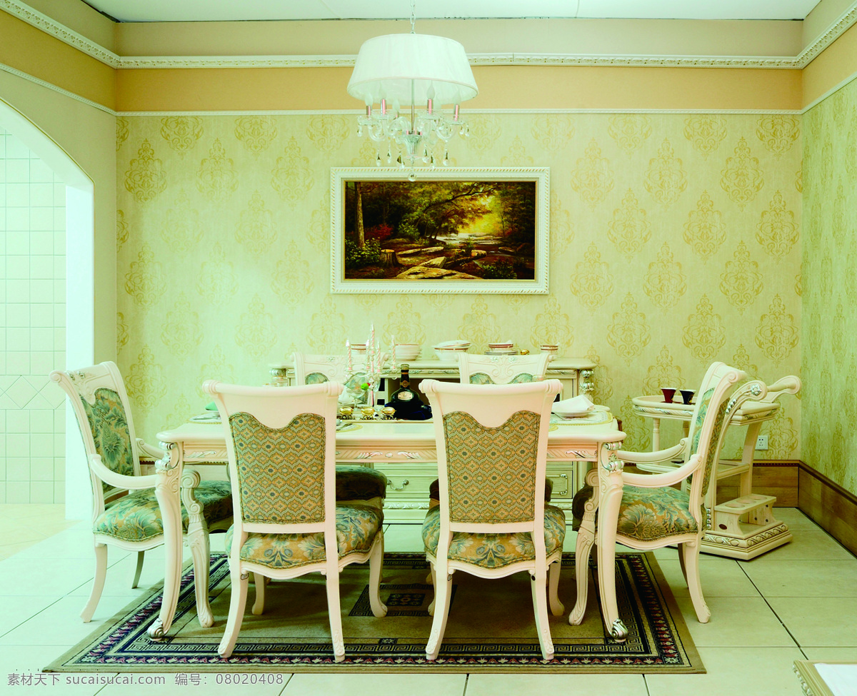 简约 餐厅 长方形 餐桌 装修 效果图 壁画 个性吊灯 花纹地毯 门框 浅黄色墙壁 浅色地板砖