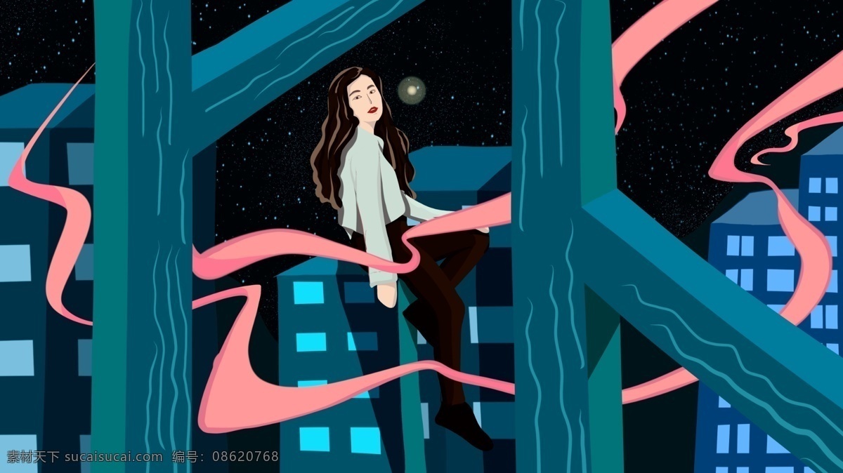 晚安 你好 坐在 城市 楼顶 女孩 手绘 海报 插画 夜景 楼房 夜晚 手机配图 日签