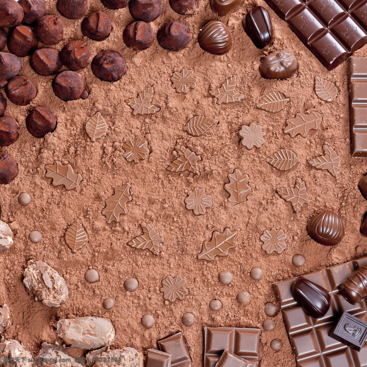 各种 形状 巧克力 食物 餐饮美食 美味 可口 甜品 可可粉 各种形状 其他类别 黑色