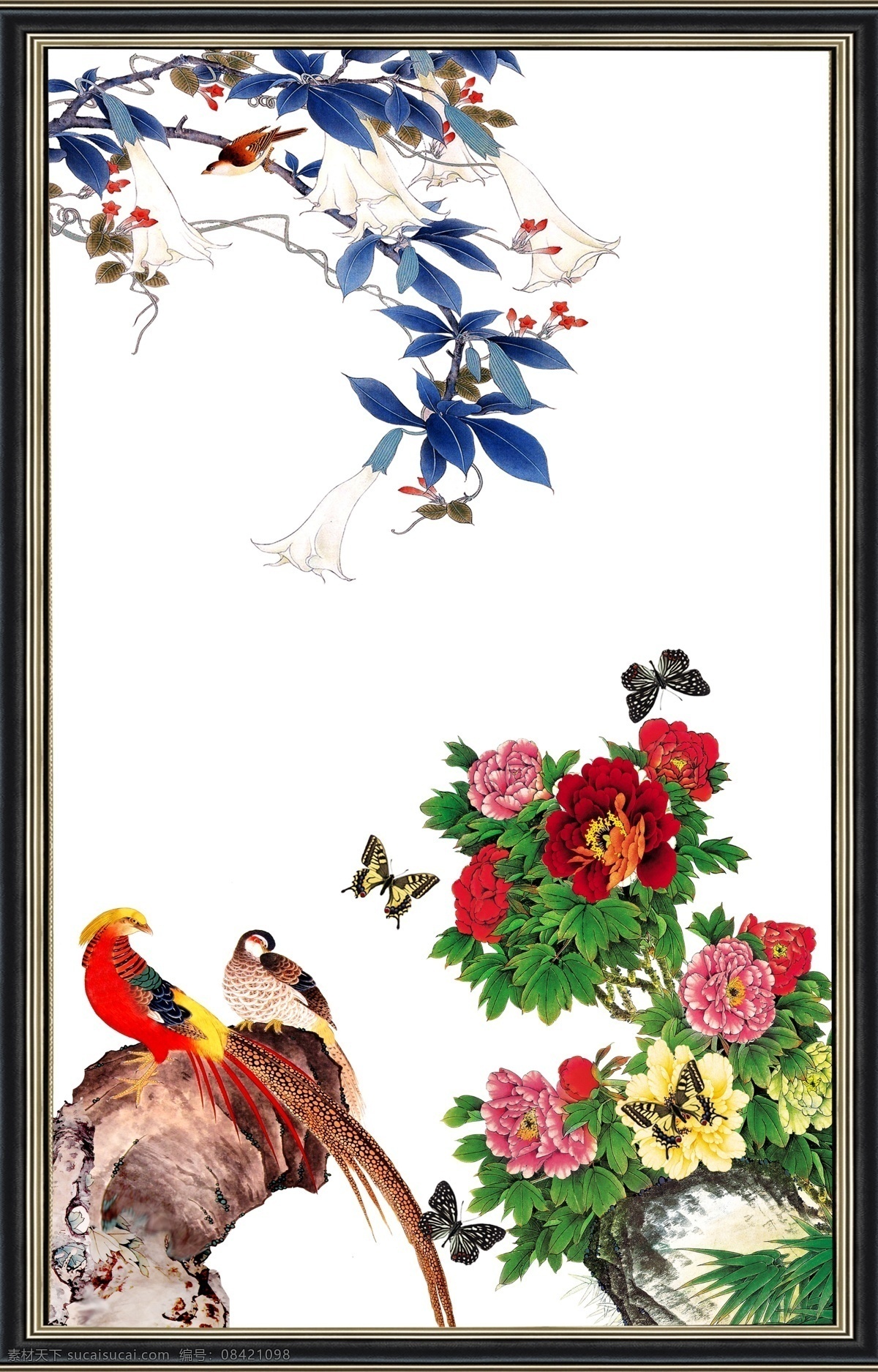 牡丹花开 玉兰 喜鹊 牡丹 蝴蝶 工笔画 壁画 花开富贵 分层 源文件