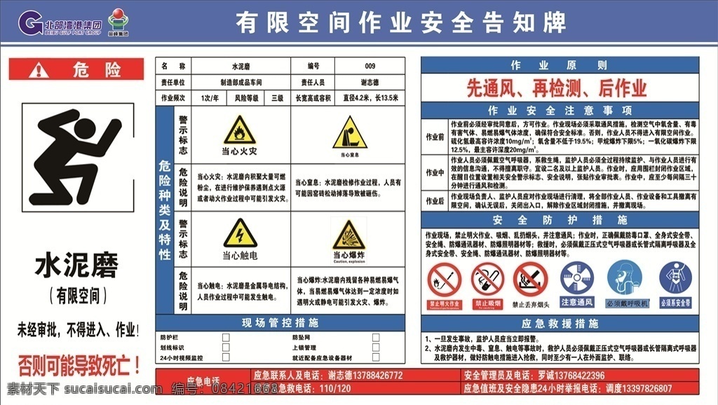 水泥 磨 有限 空间 作业 安全 告知 牌 水泥磨 有限空间 作业安全 告知牌 北部港湾 集团logo 鱼 峰 集团 logo 安全生产 安全作业 警示标志 危险种类 危险说明 安全防护 安全告知牌 展板模板