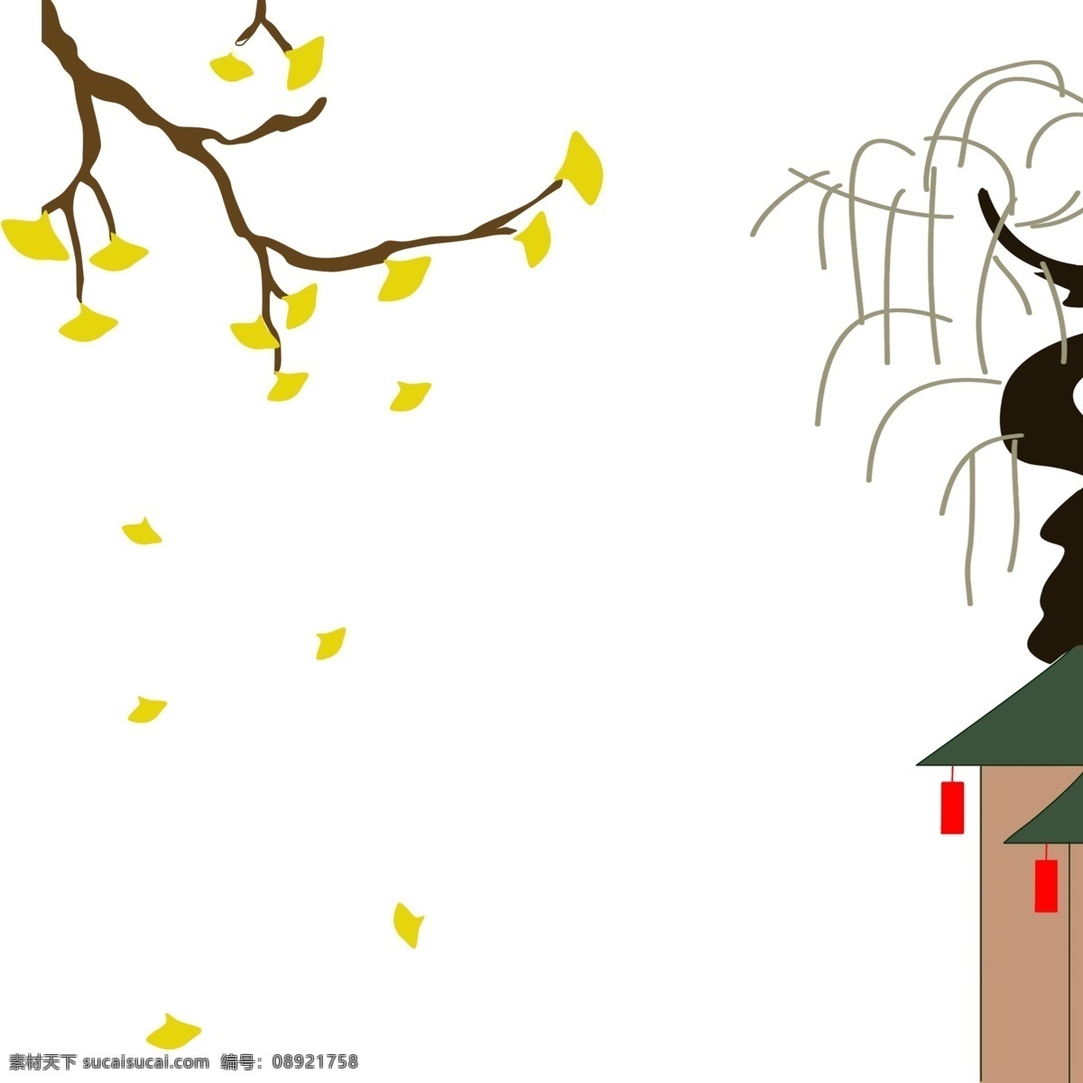 漂浮 银杏叶 叶 红灯笼房子 卡通手绘 免扣 手绘插画 伸展的树枝 飘落的银杏叶 秋天 房子 灯笼 树枝 边框文理