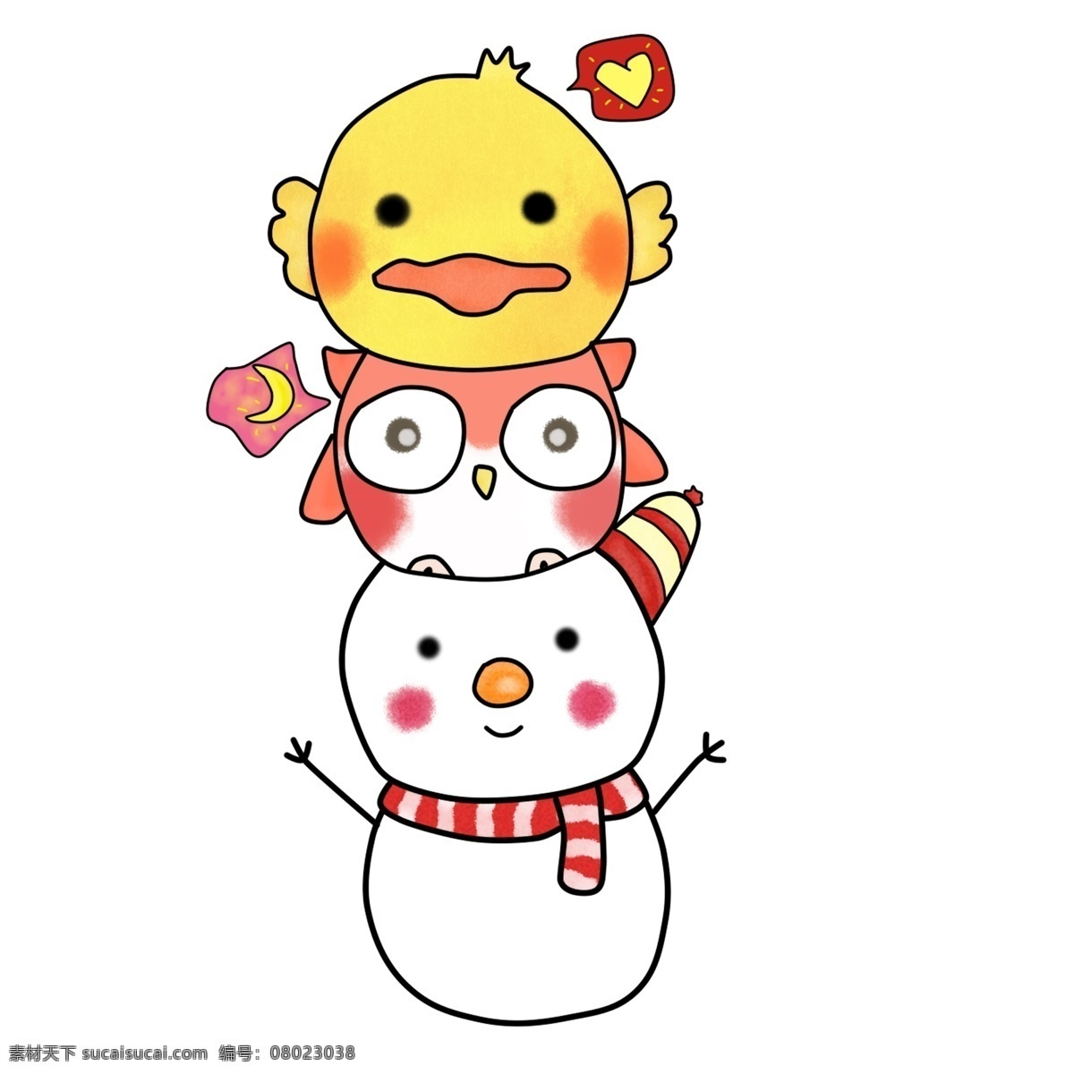 手绘 蜡笔 卡通画 可爱 叠 高小 黄鸭 雪人 猫头鹰 小黄鸭 叠叠高 爱心 月亮 对话框 围巾 帽子 小清新 绘画