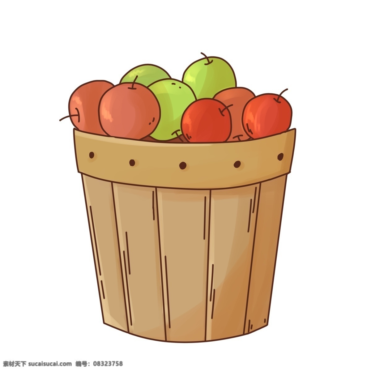 手绘 桶 苹果 插画 手绘苹果 一桶苹果 红苹果 青苹果 木桶 美味水果 卡通一桶苹果