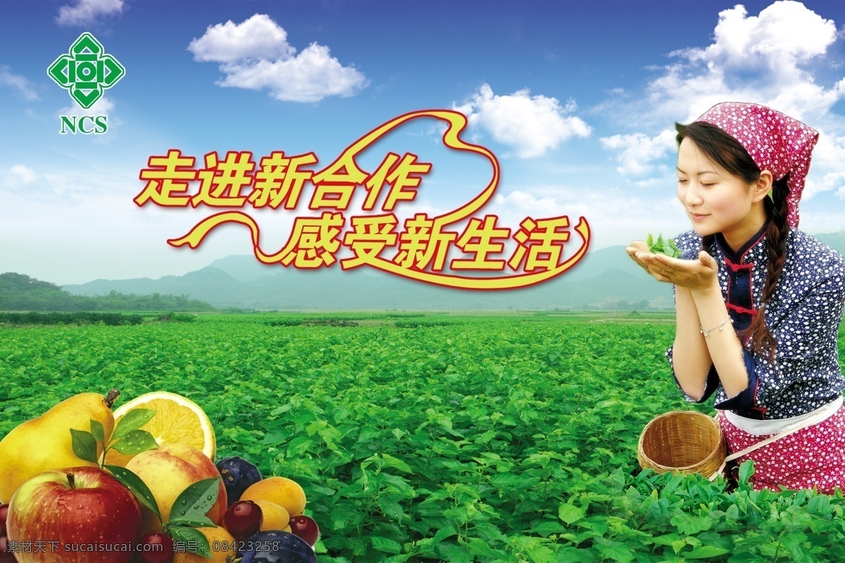 新合作宣传画 田地 青苗 庄稼 水果 女人 标志 广告设计模板 源文件