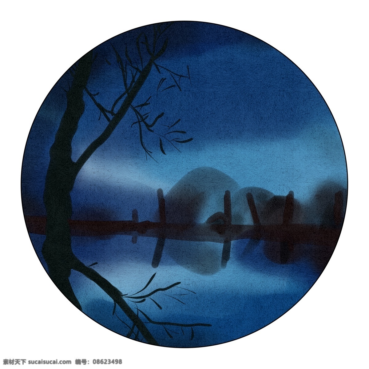 水彩 山水 夜晚 风景 手绘 夜景 景色 板绘