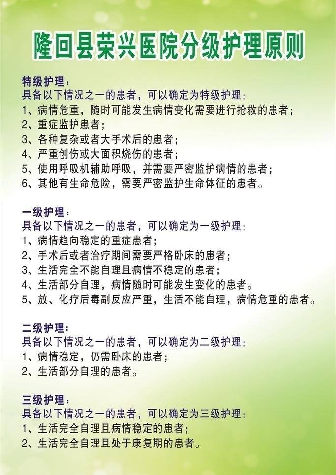 绿色背景 生活百科 医疗保健 医院 分级 护理 原则 荣 兴 分级护理原则 一级护理内容 特级护理内容 二级护理内容 三级护理内容 矢量 psd源文件